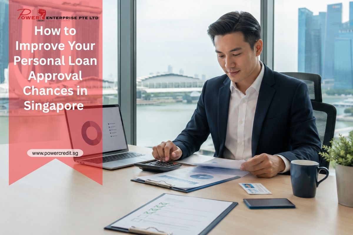 Personal loan approval guide in Singapore showing a borrower calculating finances before applying with a licensed moneylender.