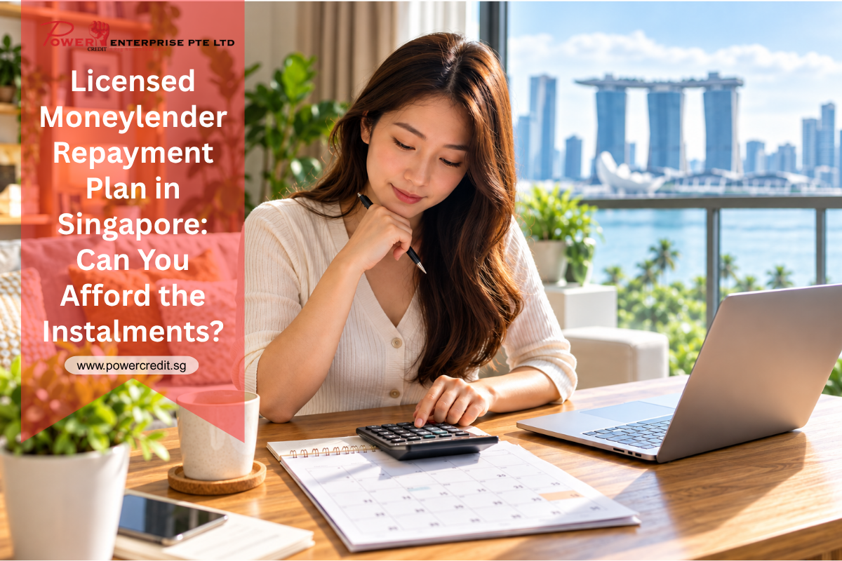 Borrower reviewing a loan repayment calendar with a calculator before taking a loan in Singapore.