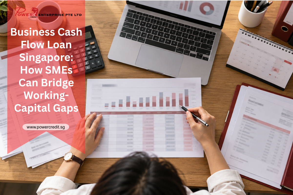 Singapore SME owner reviewing a business cash-flow forecast, invoices and working-capital requirements.