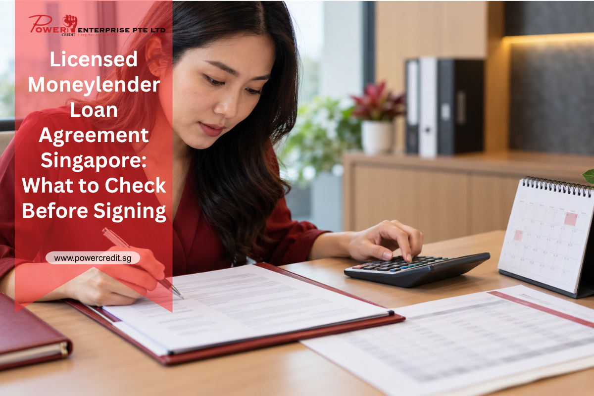 Borrower reviewing a licensed moneylender loan agreement and repayment schedule in Singapore.